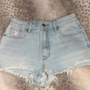 PLAYBOY by PACSUN Light Wash Distressed Denim Shorts with Pink Logo